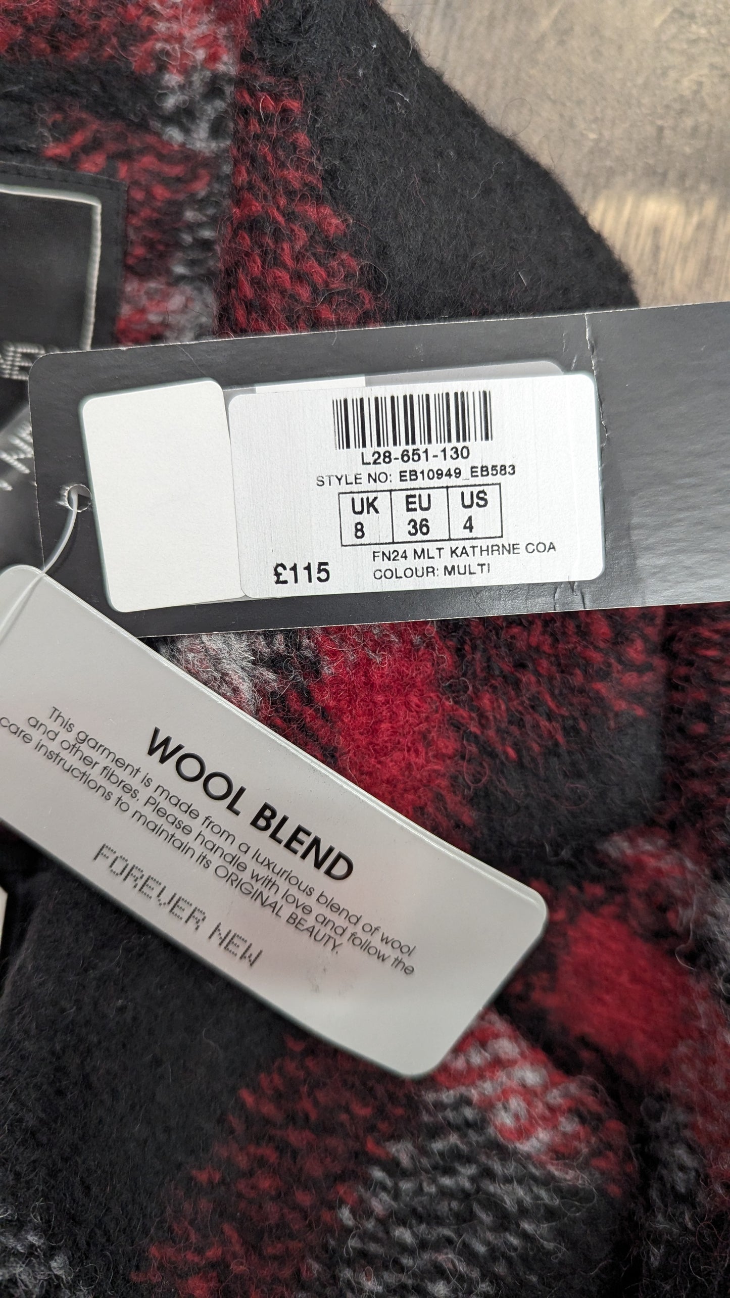 BNWT Forever New Wool Blend Coat - Size 8 - Black and Red