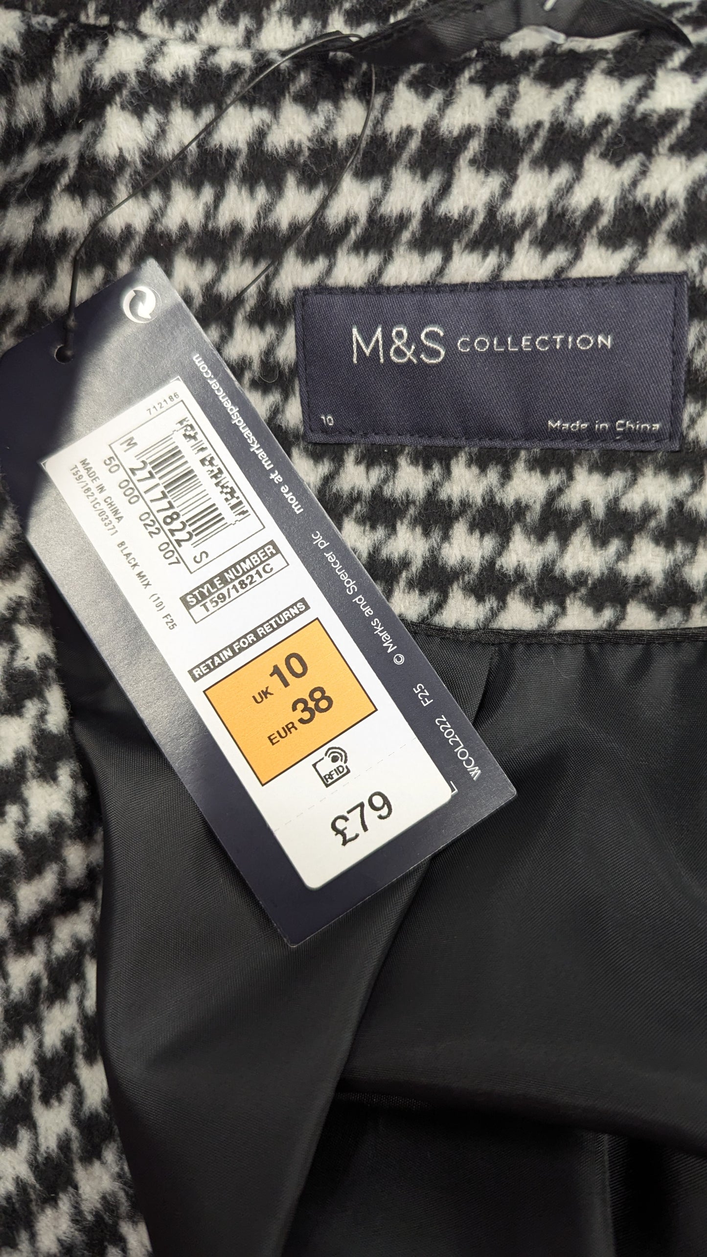BNWT Marks and Spencer Coat - Size 10 - Black and White